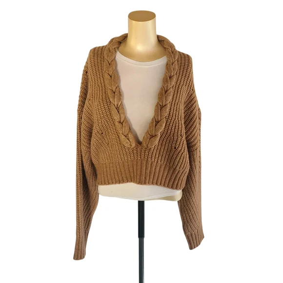 dh New York Braided V-Neck Cropped Sweater Tan Camel Ribbed Knit M/L - Picture 2 of 9